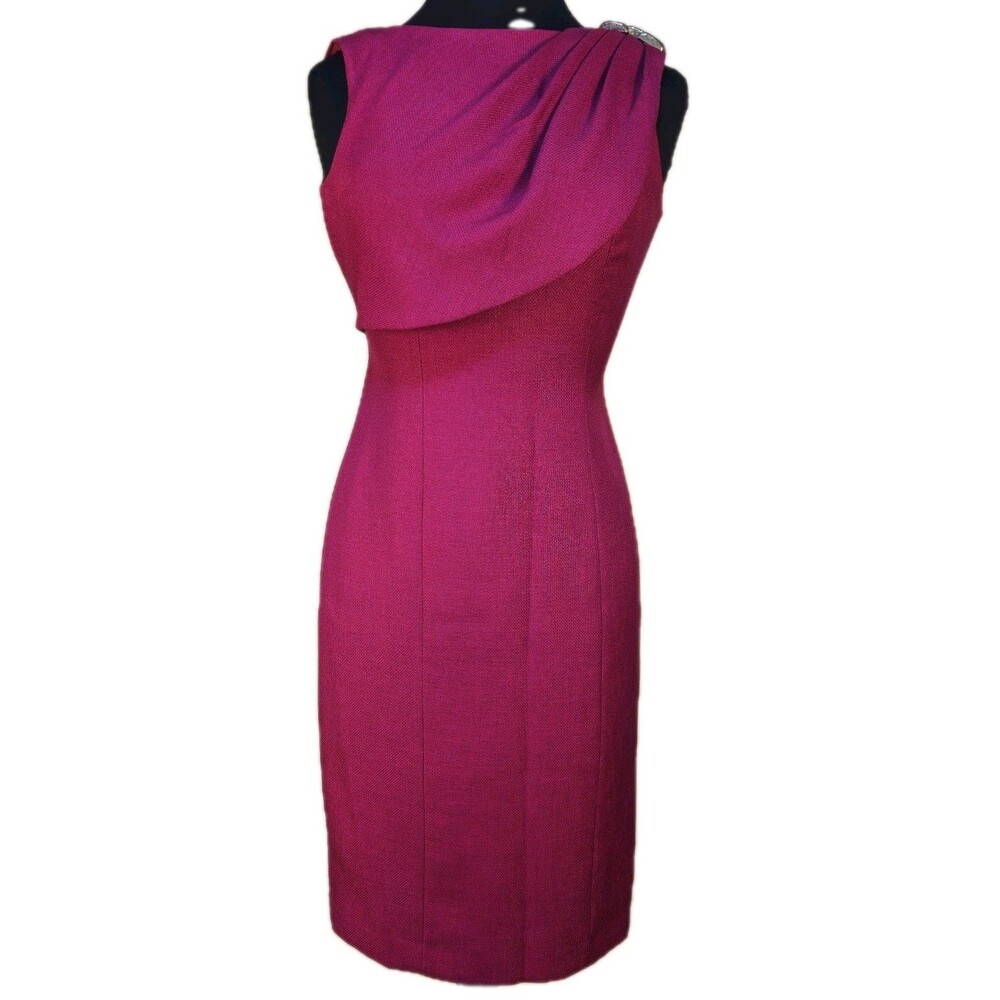 Kay Unger Fuchsia Sheath Dress Sz 2 Asymmetrical Draped Shoulder Embellished